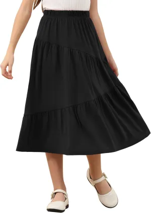 GORLYA Girls Holiday Casual Asymmetrical Tiered Ruffle Hem Long Swing Boho Fancy Maxi Skirt 6-14Y