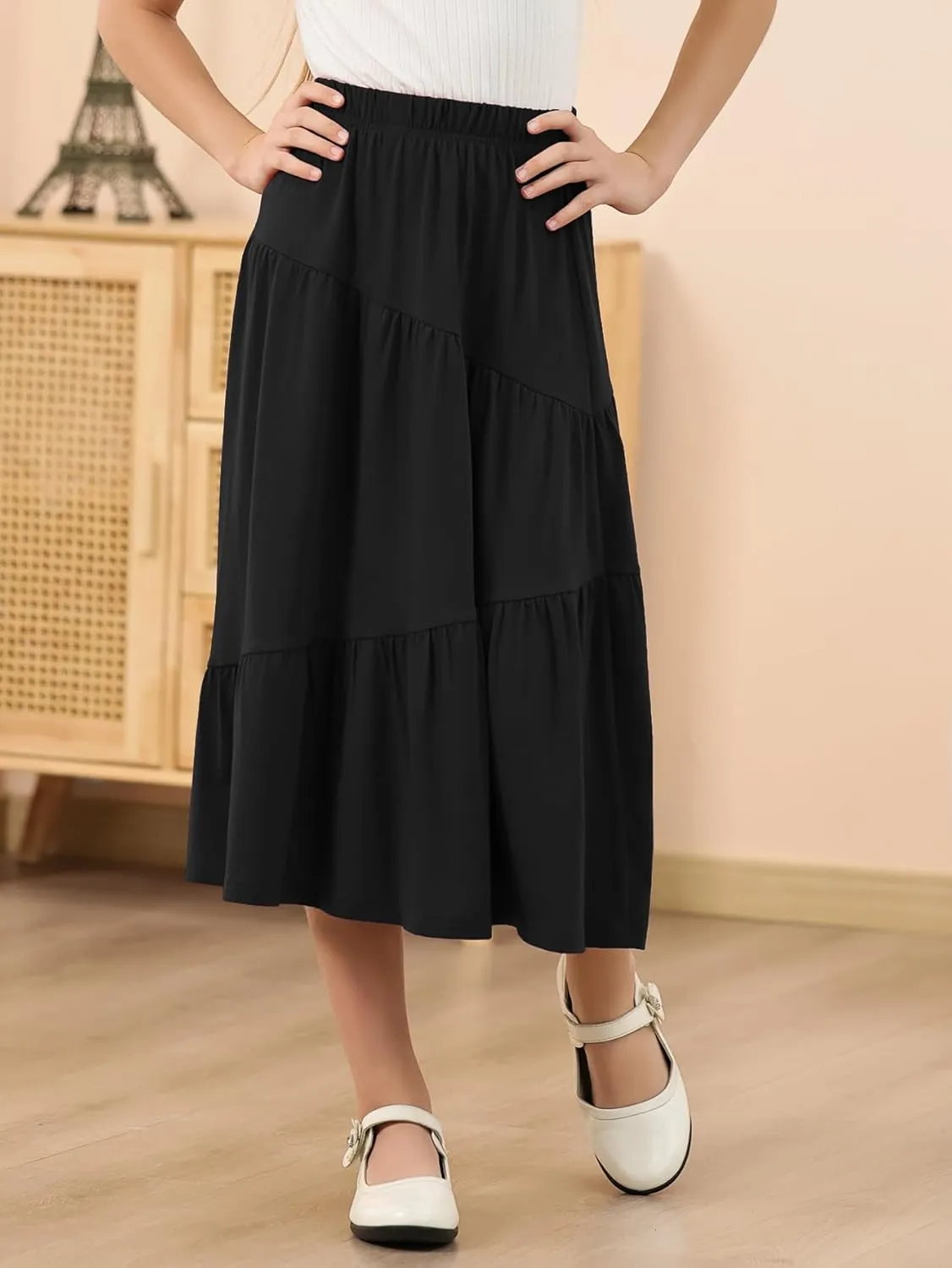 GORLYA Girls Holiday Casual Asymmetrical Tiered Ruffle Hem Long Swing Boho Fancy Maxi Skirt 6-14Y