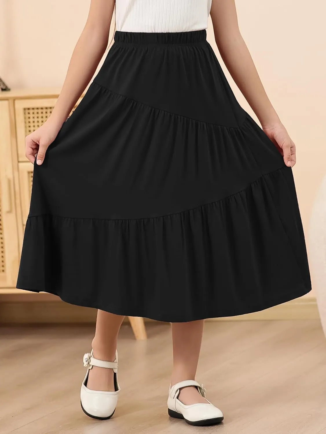 GORLYA Girls Holiday Casual Asymmetrical Tiered Ruffle Hem Long Swing Boho Fancy Maxi Skirt 6-14Y