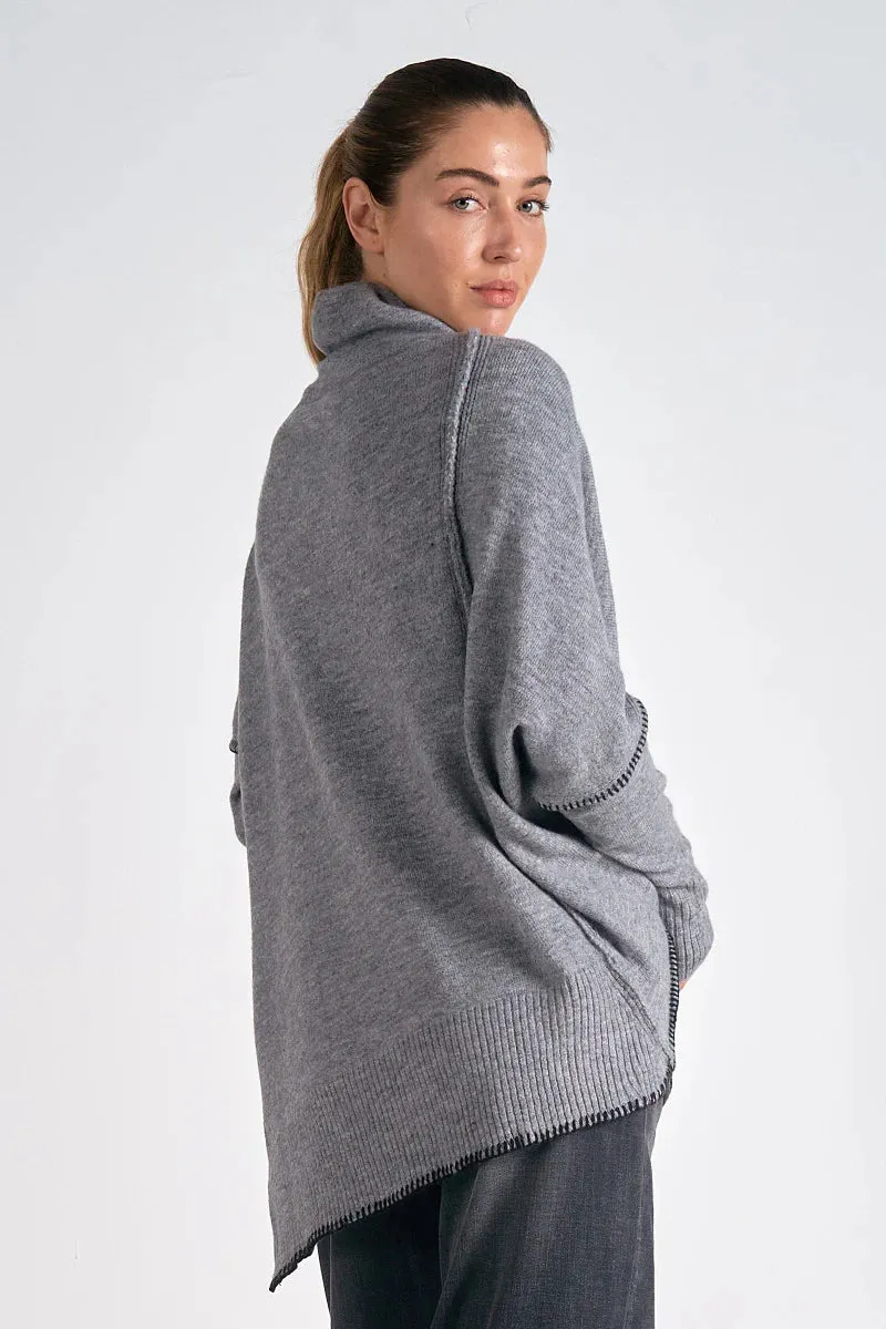 Grey Black Stitch Asymmetrical Turtleneck Sweater
