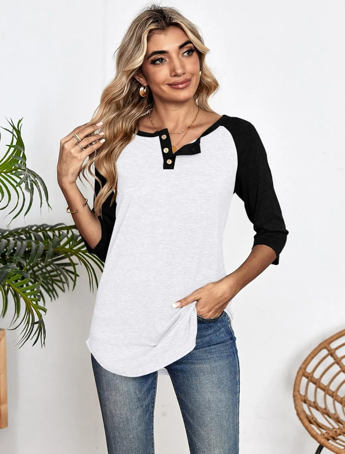 Halife Women's Casual 3/4 Sleeve T Shirts Button V Neck Tunic Blouses Color Block Basic Tee Tops Loose Fit Summer Shirt