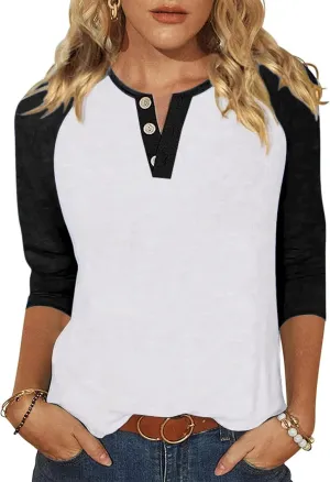 Halife Women's Casual 3/4 Sleeve T Shirts Button V Neck Tunic Blouses Color Block Basic Tee Tops Loose Fit Summer Shirt