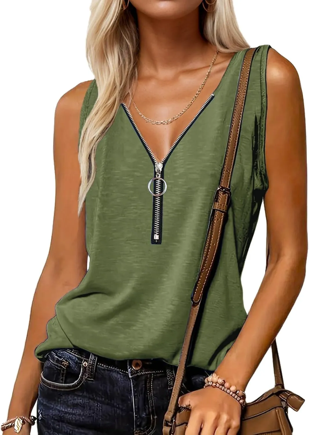 Halife Womens Half Zip V Neck Tank Tops Summer Sleeveless Shirts Casual Loose Top Blouses T Shirts