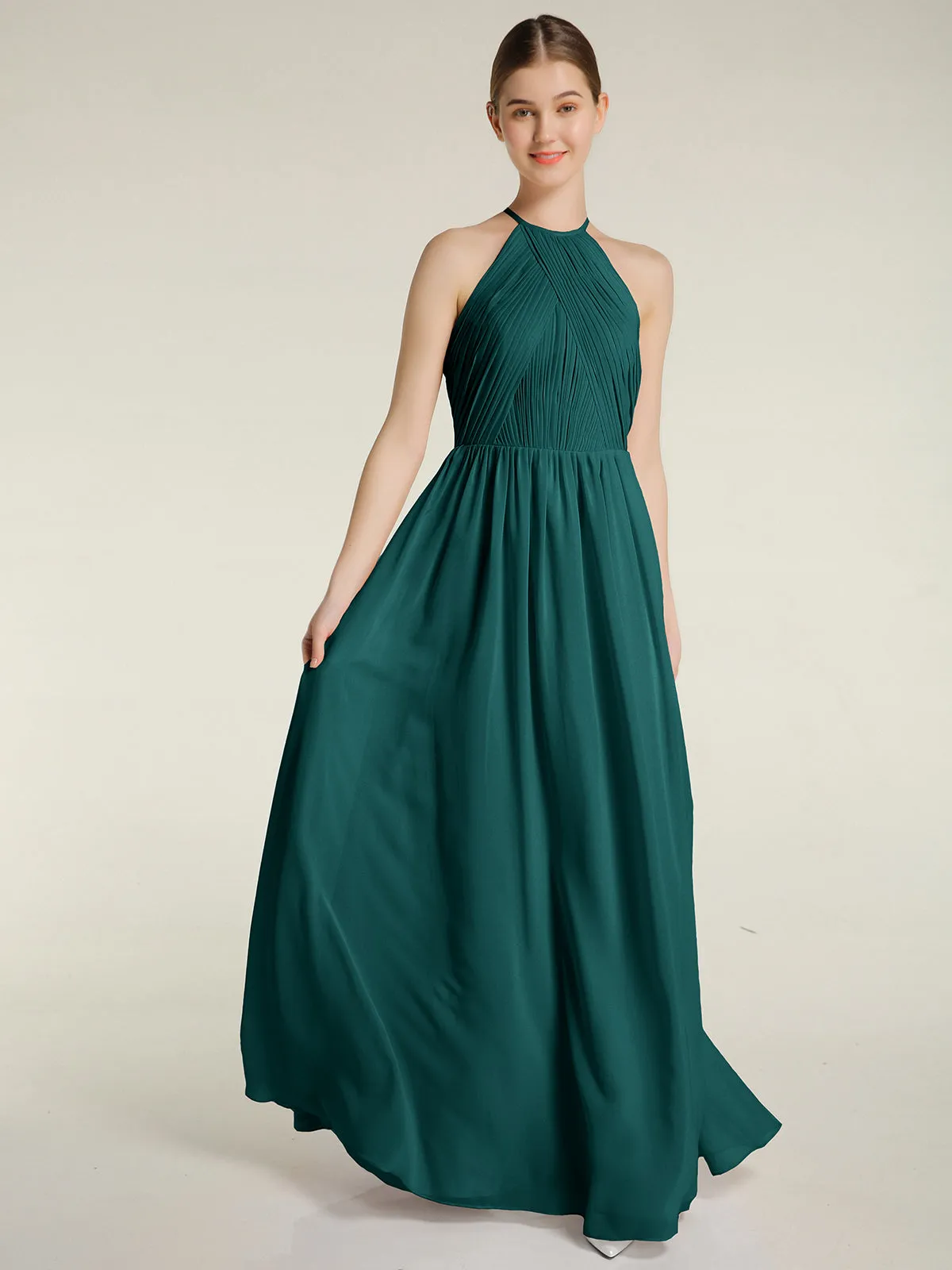 Halter Chiffon Dresses with Pleated Bodice Clearance