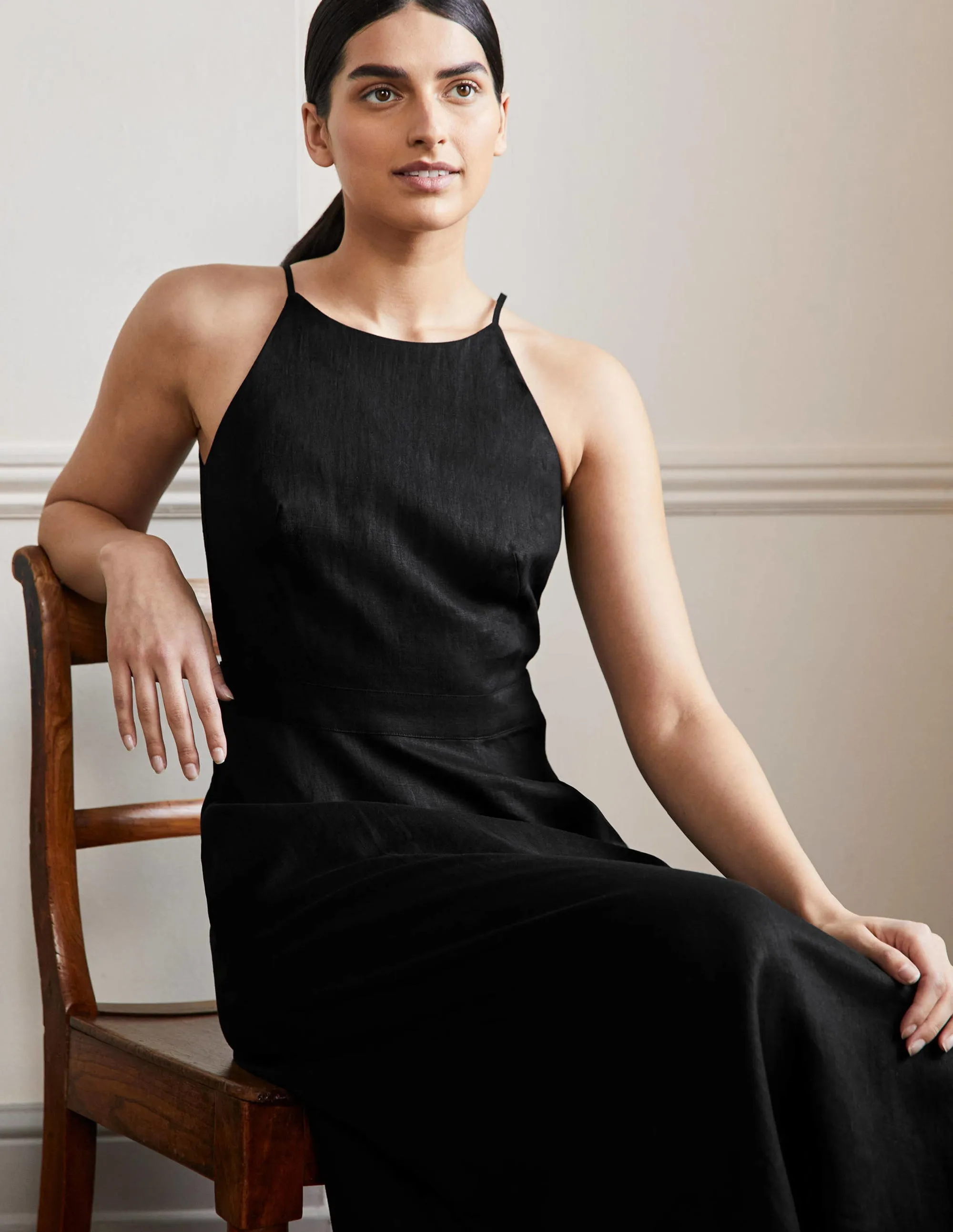 Halterneck Linen Midi Dress-Black