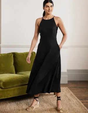 Halterneck Linen Midi Dress-Black