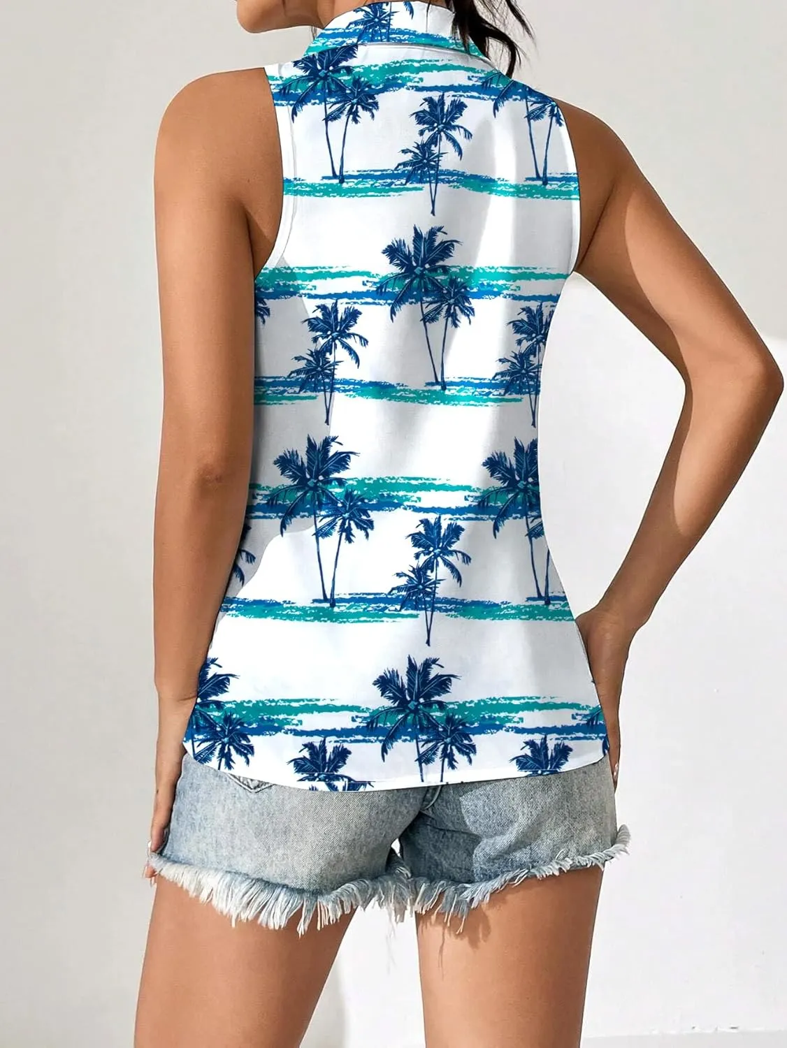 Hawaiian Shirts for Women Sleeveless Button Down Blouses Floral Tropical Tops V Neck Tank Top Casual Summer Outfit