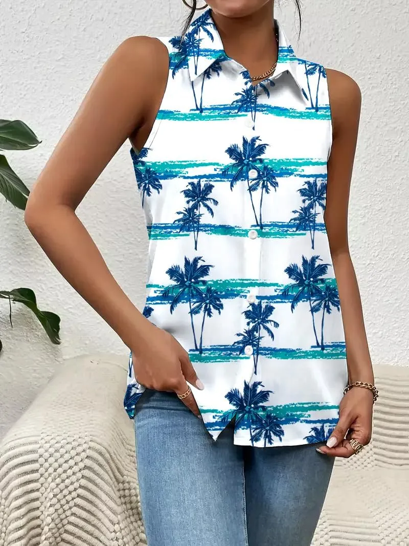 Hawaiian Shirts for Women Sleeveless Button Down Blouses Floral Tropical Tops V Neck Tank Top Casual Summer Outfit