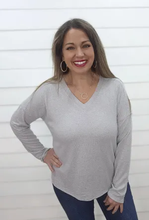 HEATHER GREY ULTRA SOFT V NECK LONG SLEEVE TOP