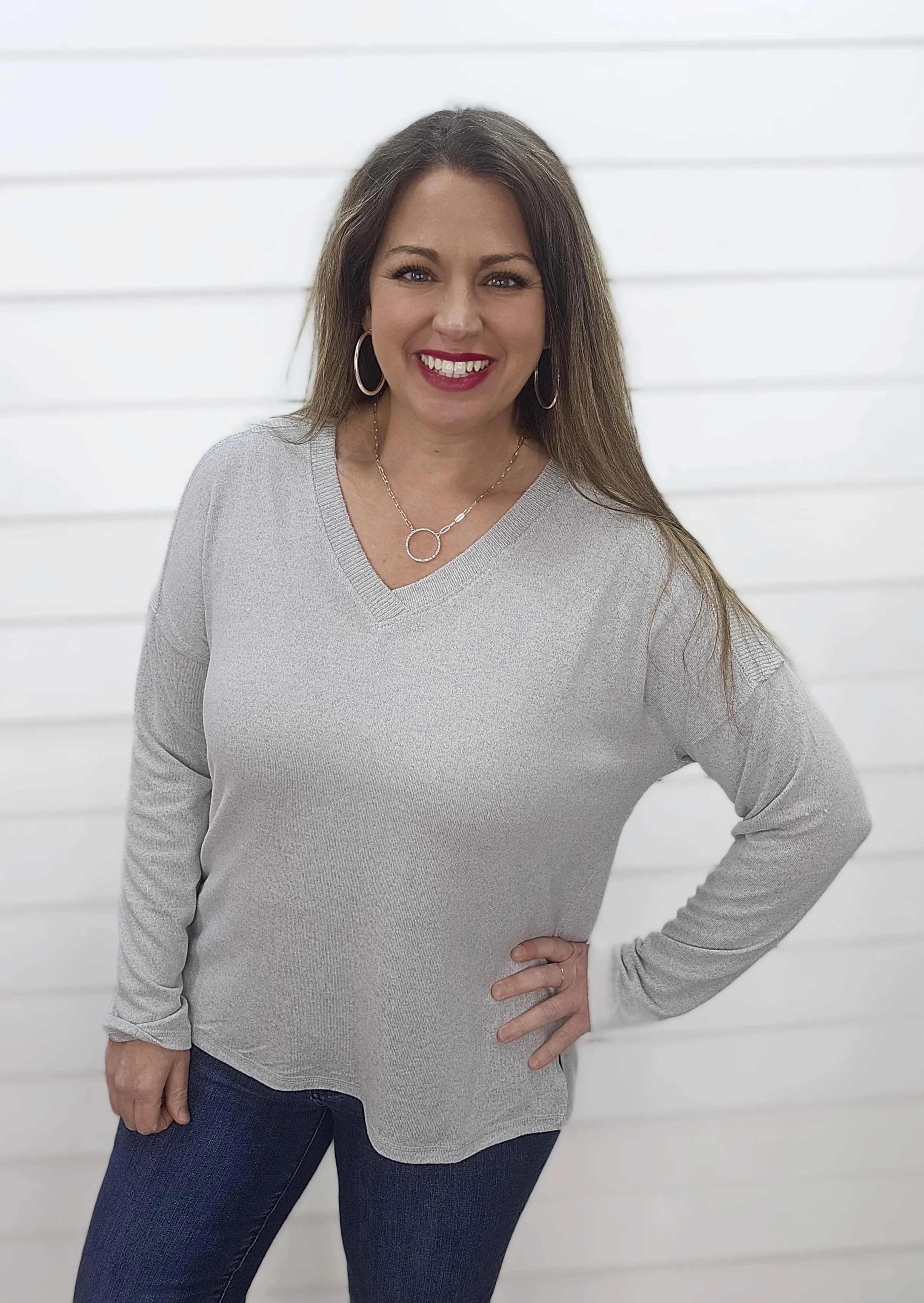 HEATHER GREY ULTRA SOFT V NECK LONG SLEEVE TOP