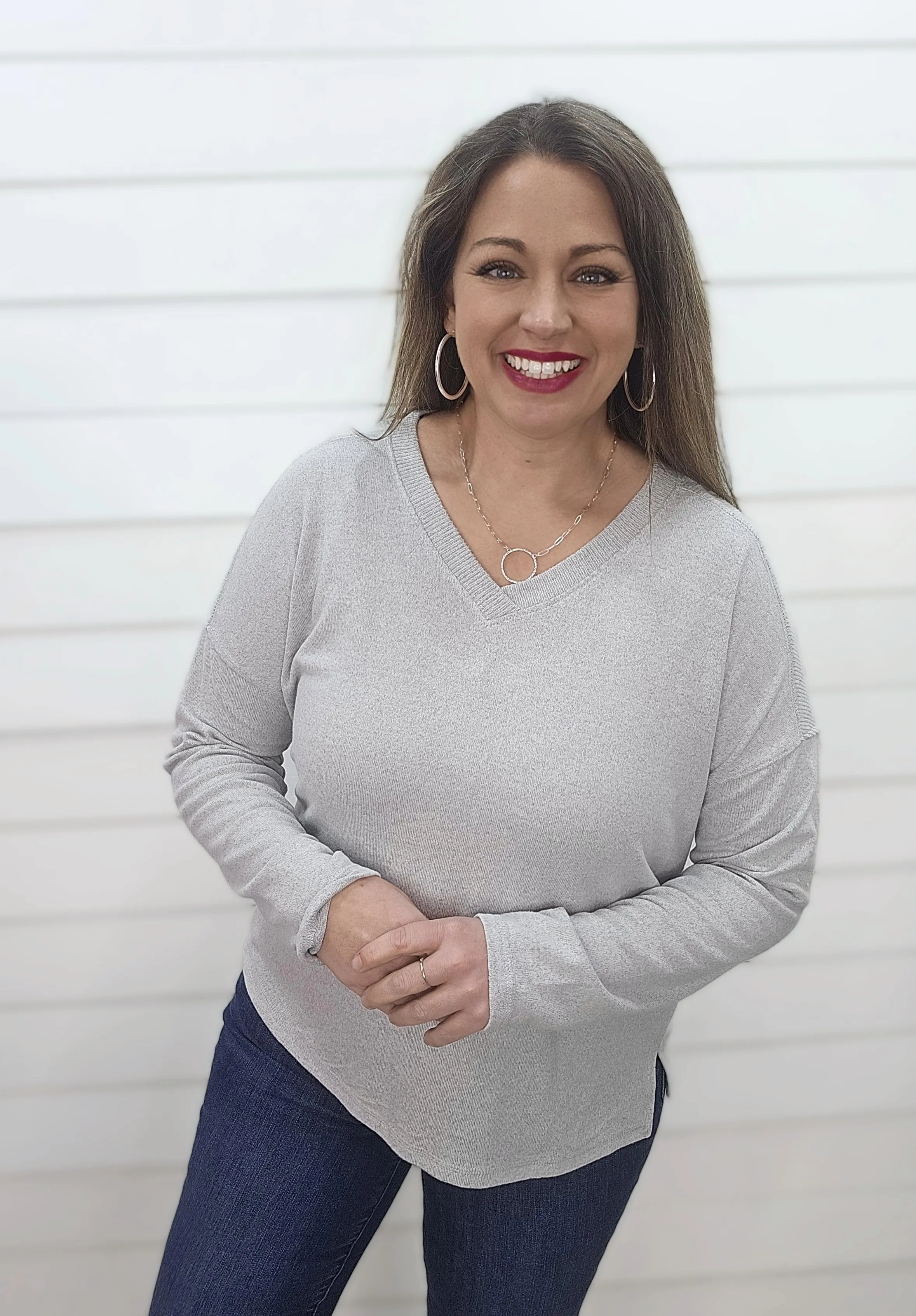 HEATHER GREY ULTRA SOFT V NECK LONG SLEEVE TOP