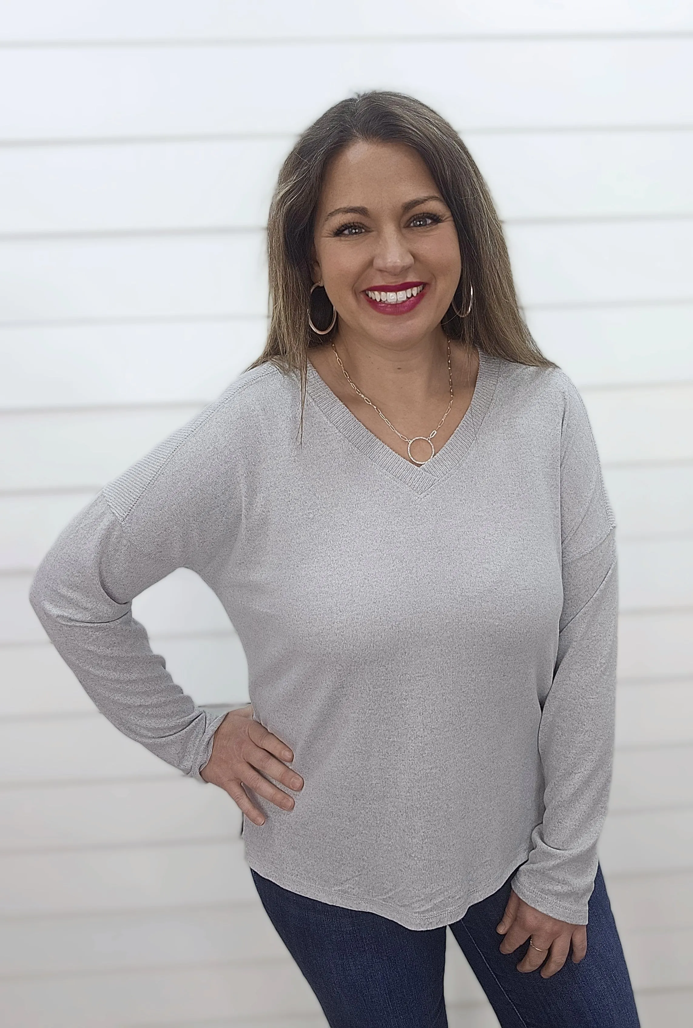 HEATHER GREY ULTRA SOFT V NECK LONG SLEEVE TOP