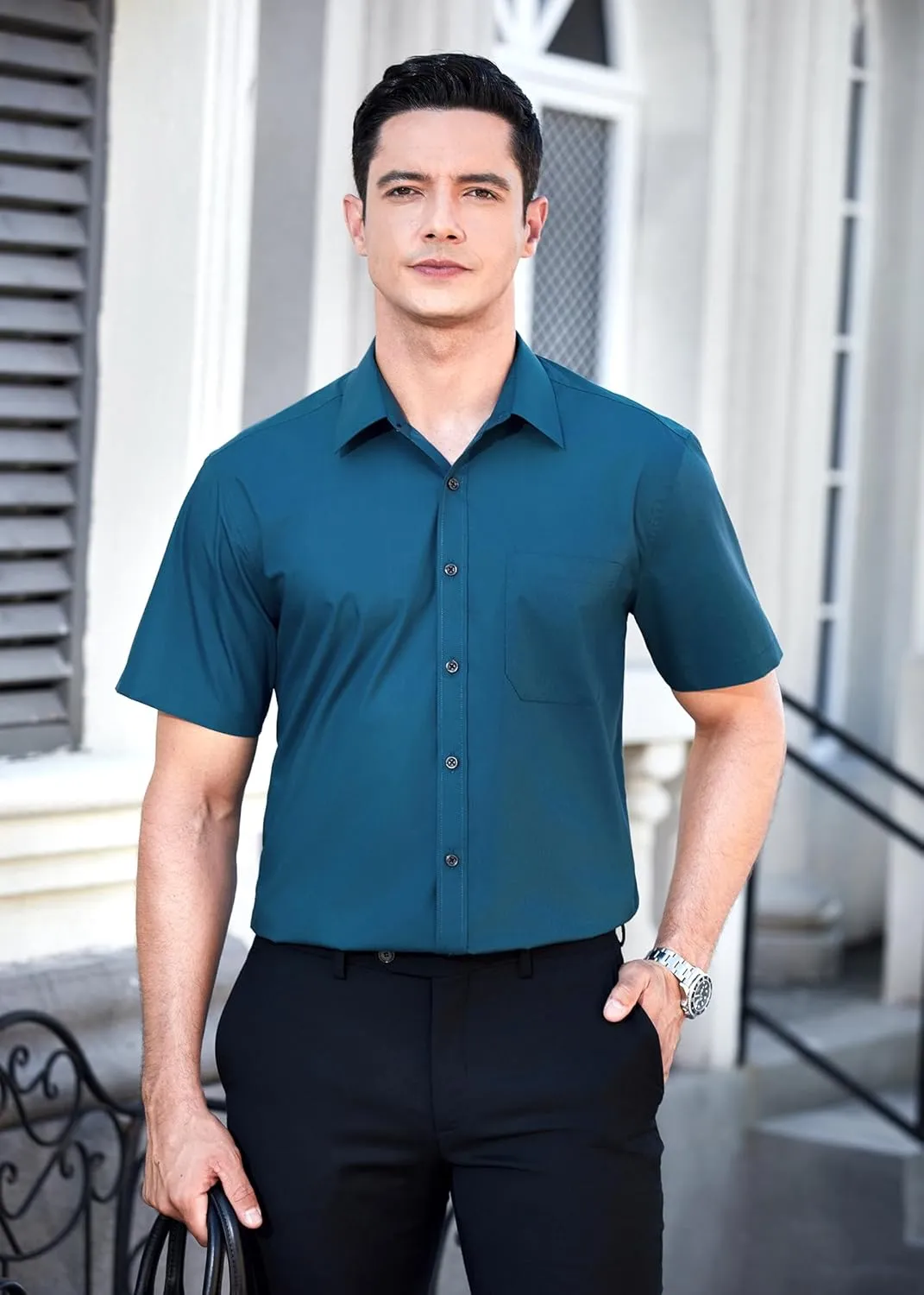 HISDERN Mens Short Sleeve Dress Shirts Solid Wrinkle Free Formal Summer Shirt Business Casual Stretch Button Down Shirts