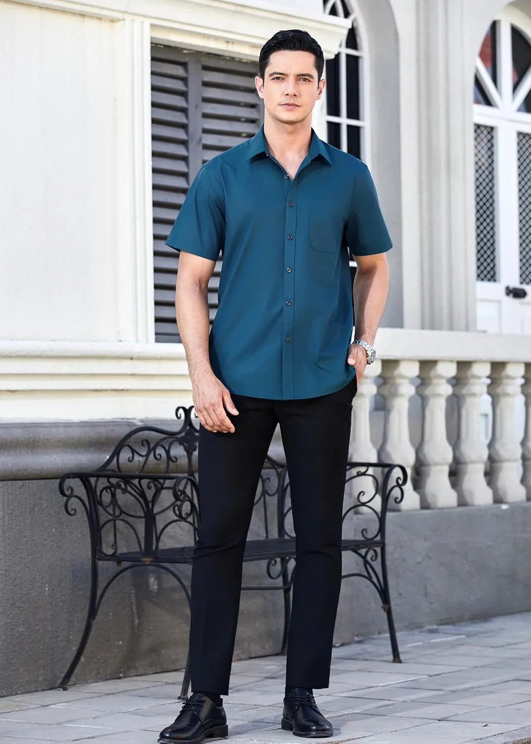 HISDERN Mens Short Sleeve Dress Shirts Solid Wrinkle Free Formal Summer Shirt Business Casual Stretch Button Down Shirts