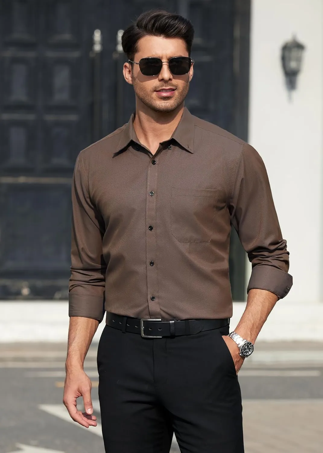 HISDERN Mens Stripe Dress Shirts Long Sleeve Button Down Shirt Formal Wrinkle Free Dress Shirts Business Cotton Shirt