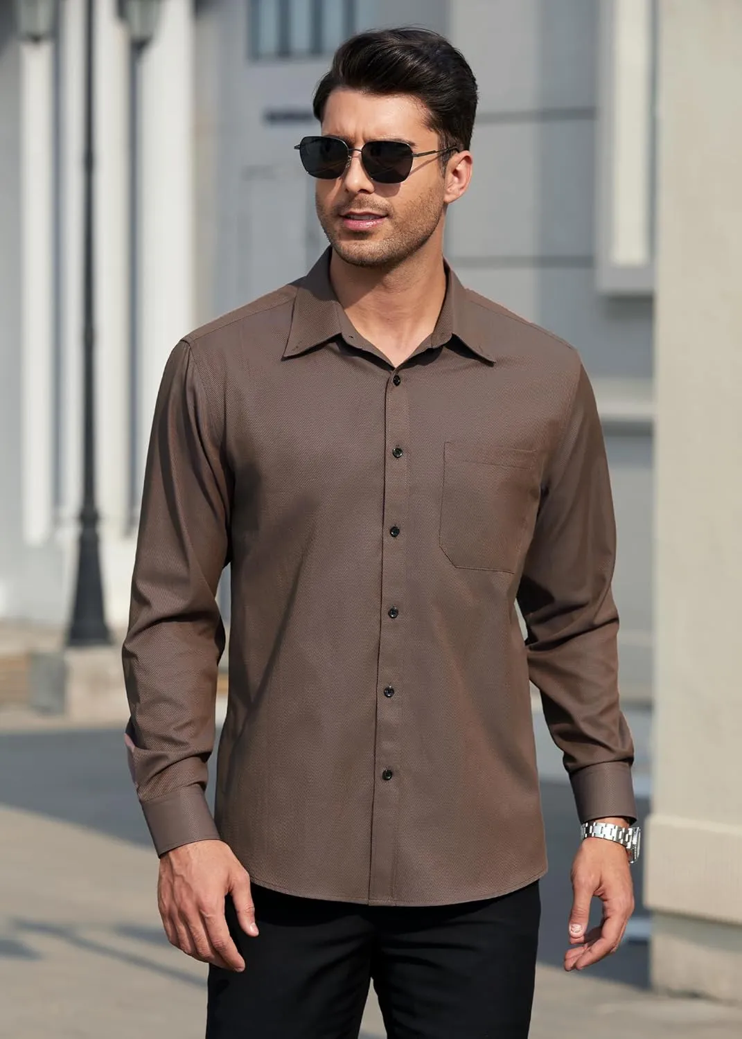 HISDERN Mens Stripe Dress Shirts Long Sleeve Button Down Shirt Formal Wrinkle Free Dress Shirts Business Cotton Shirt