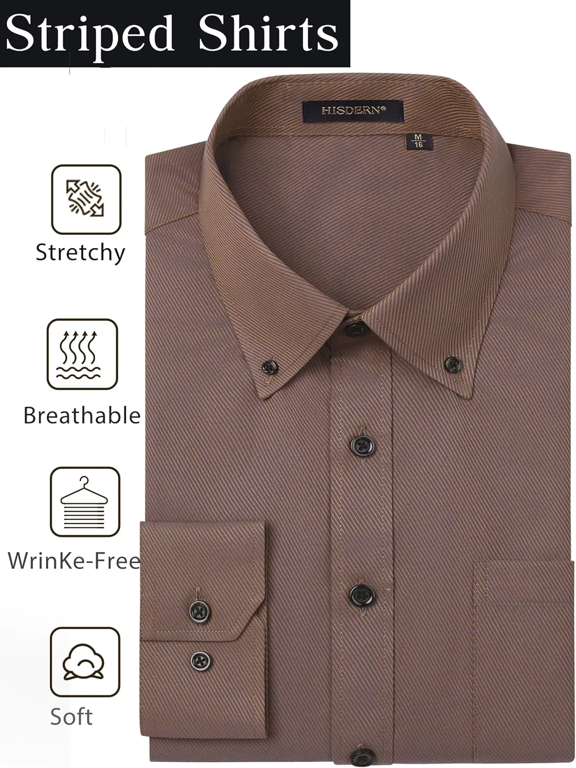 HISDERN Mens Stripe Dress Shirts Long Sleeve Button Down Shirt Formal Wrinkle Free Dress Shirts Business Cotton Shirt