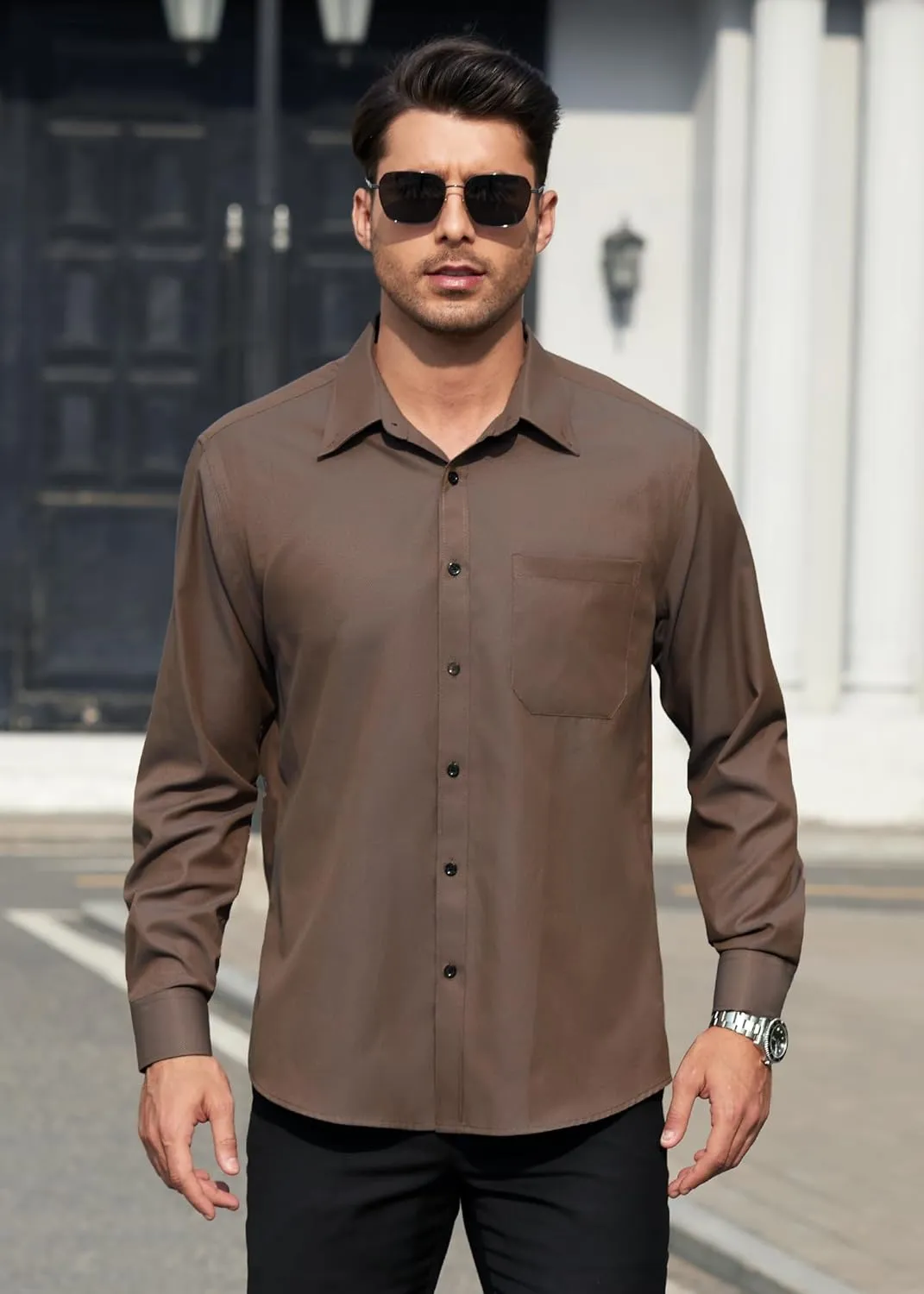HISDERN Mens Stripe Dress Shirts Long Sleeve Button Down Shirt Formal Wrinkle Free Dress Shirts Business Cotton Shirt