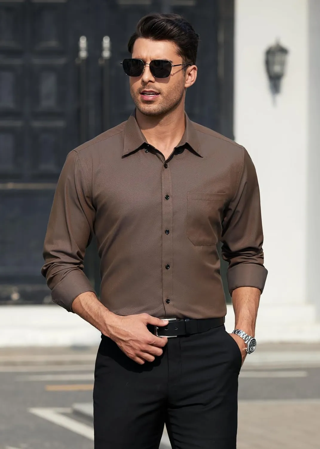HISDERN Mens Stripe Dress Shirts Long Sleeve Button Down Shirt Formal Wrinkle Free Dress Shirts Business Cotton Shirt