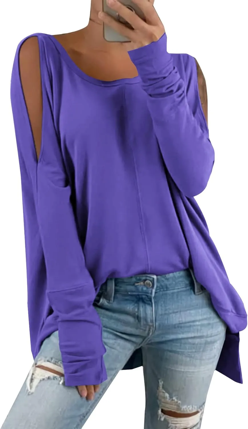 Hongqizo Women's Cold Shoulder Long Sleeve Sweatshirt Casual Crew Neck Side Split Loose Pullover Tops Blouses