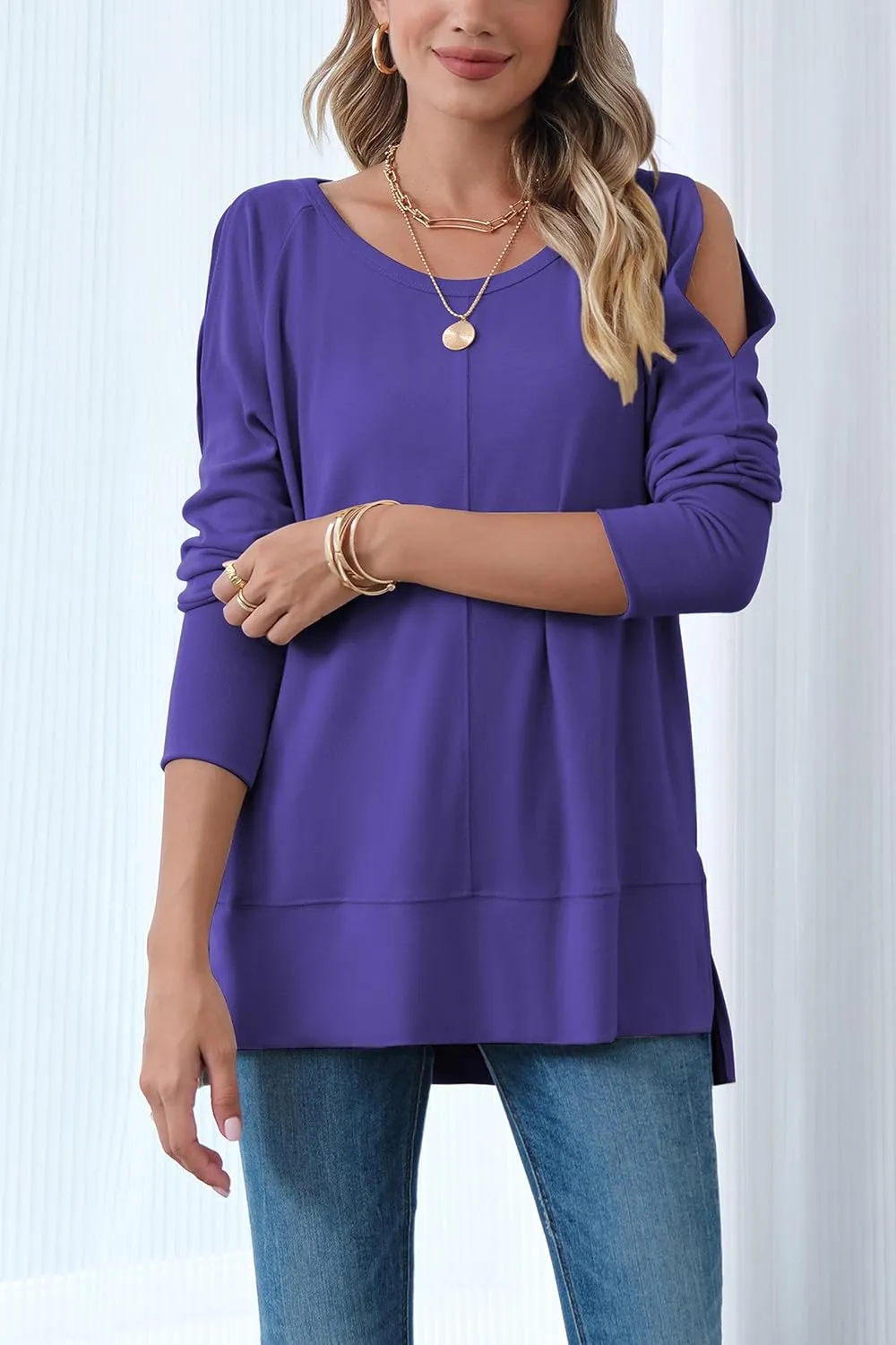 Hongqizo Women's Cold Shoulder Long Sleeve Sweatshirt Casual Crew Neck Side Split Loose Pullover Tops Blouses