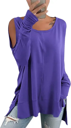 Hongqizo Women's Cold Shoulder Long Sleeve Sweatshirt Casual Crew Neck Side Split Loose Pullover Tops Blouses