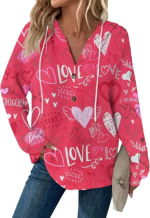 Hoodies For Women Trendy Long Sleeve V Neck Buttons Shirts Fashion Pullover Waffle Kint Tops Oversized Sweatshirts