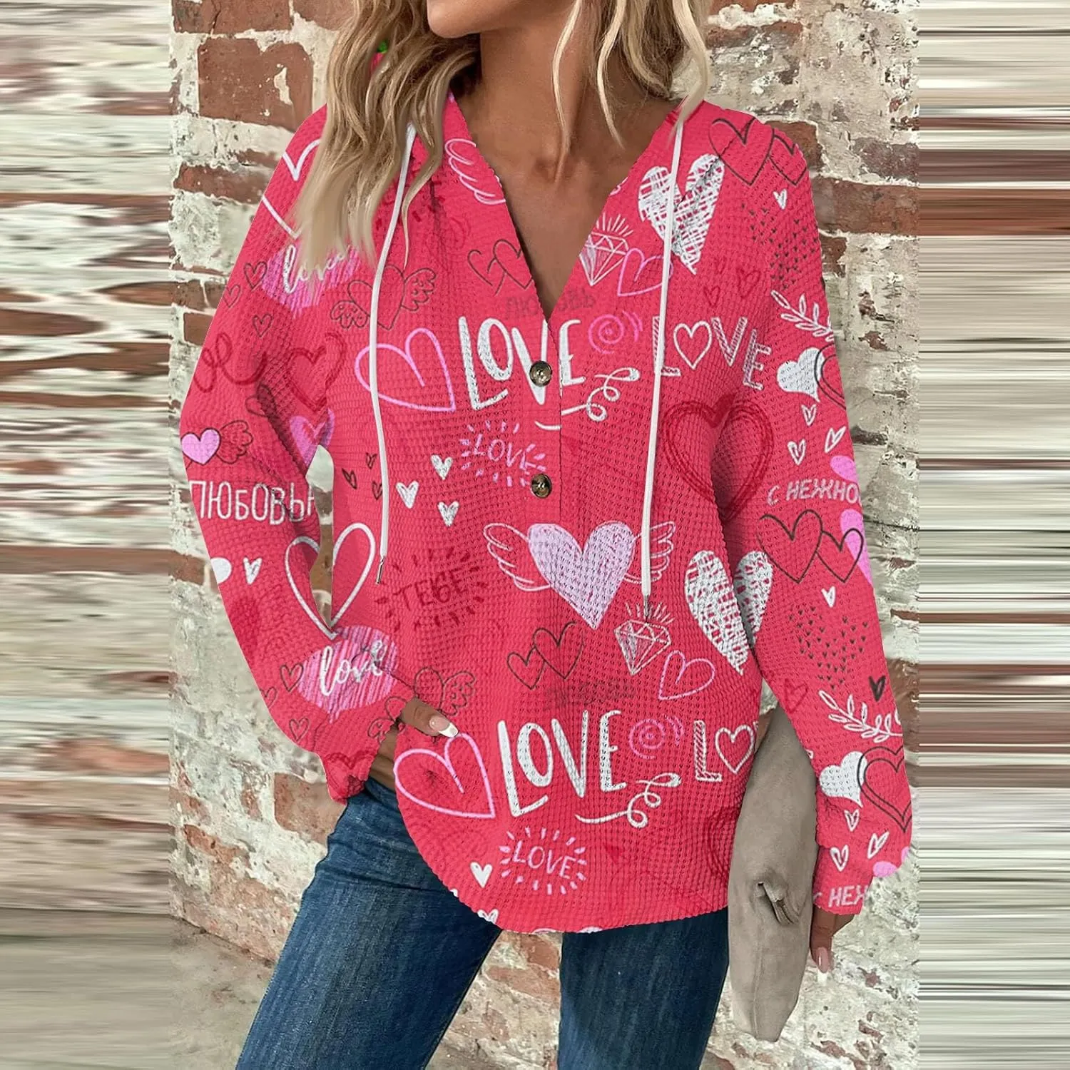 Hoodies For Women Trendy Long Sleeve V Neck Buttons Shirts Fashion Pullover Waffle Kint Tops Oversized Sweatshirts