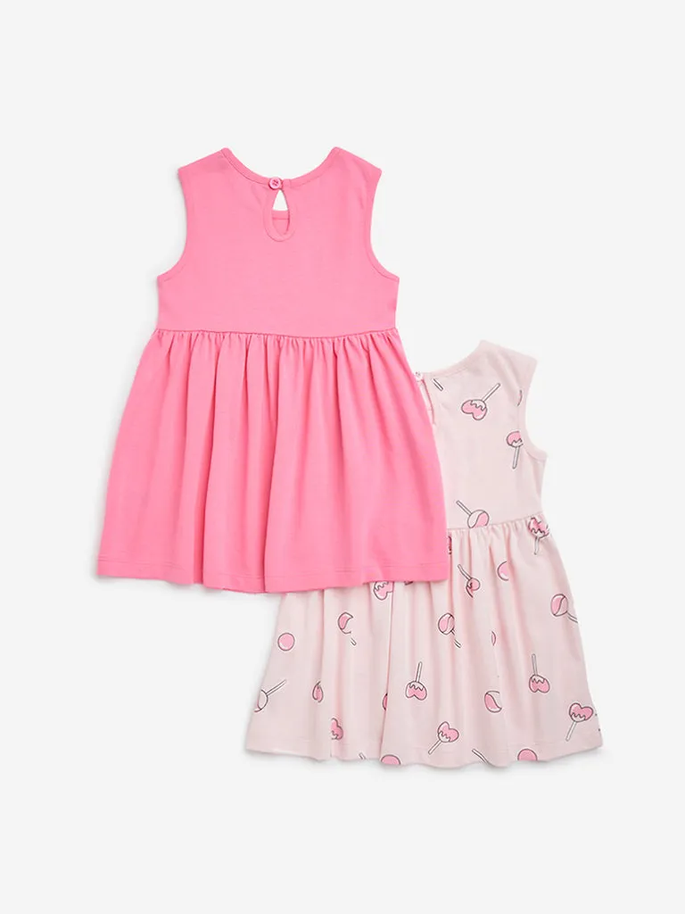 HOP Baby Pink Candy Printed A-Line Cotton Dress - Pack of 2