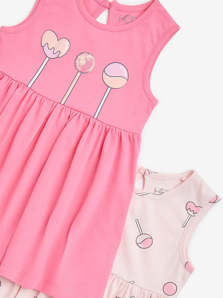 HOP Baby Pink Candy Printed A-Line Cotton Dress - Pack of 2