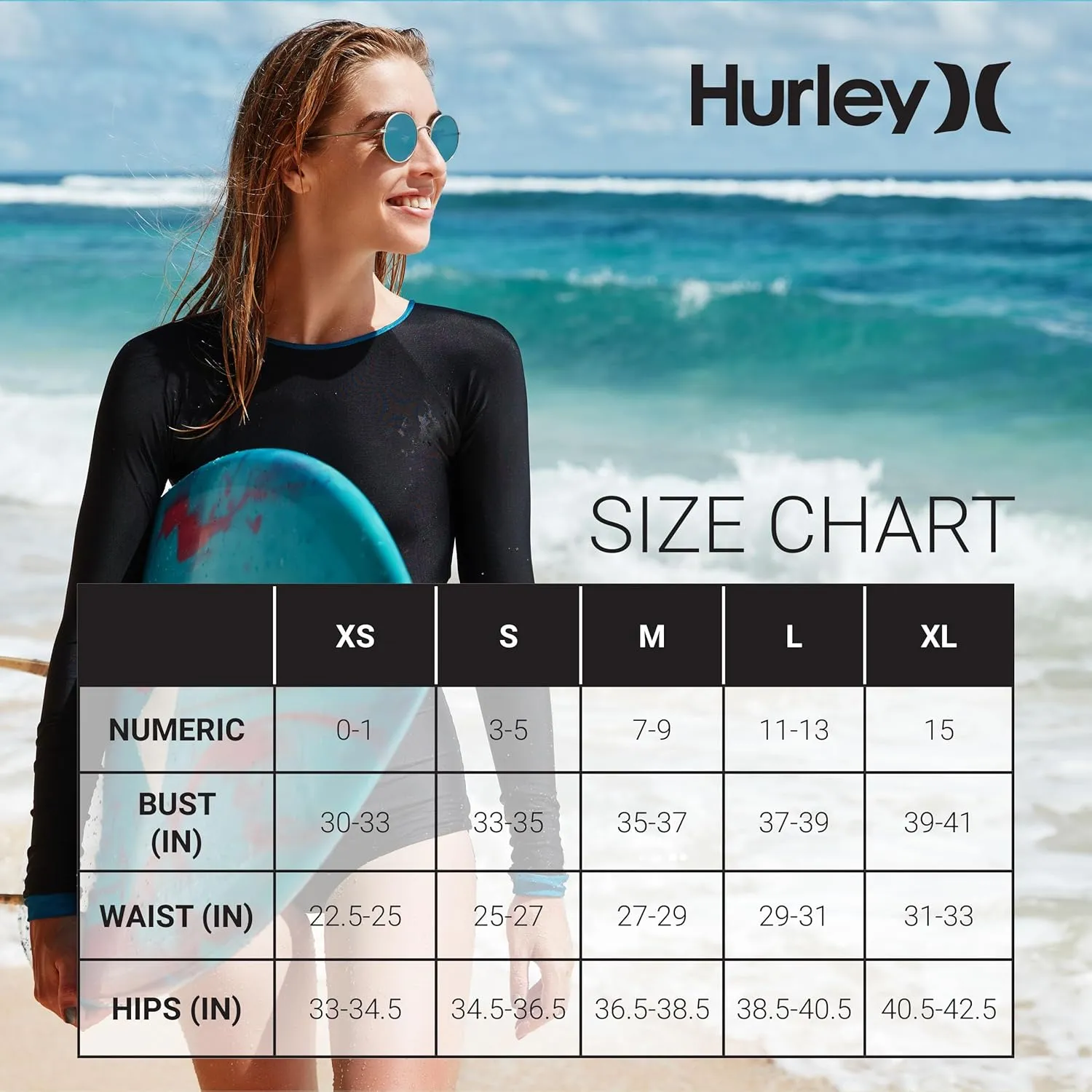 Hurley Long Sleeve Womens One Piece Swimsuits, Swimsuit for Women, Bathing Suit for Women, Swim Suit UPF 50  SPF UV Protected