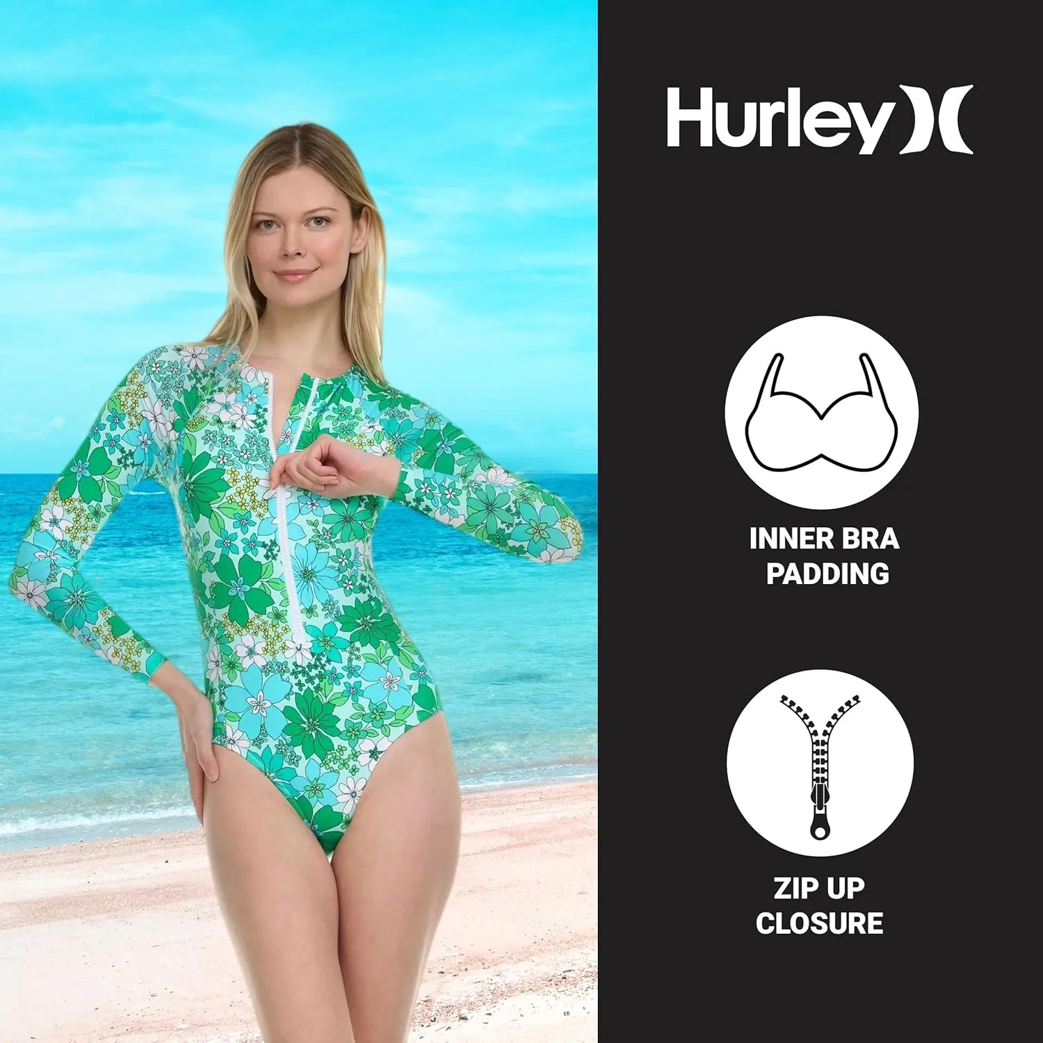 Hurley Long Sleeve Womens One Piece Swimsuits, Swimsuit for Women, Bathing Suit for Women, Swim Suit UPF 50  SPF UV Protected