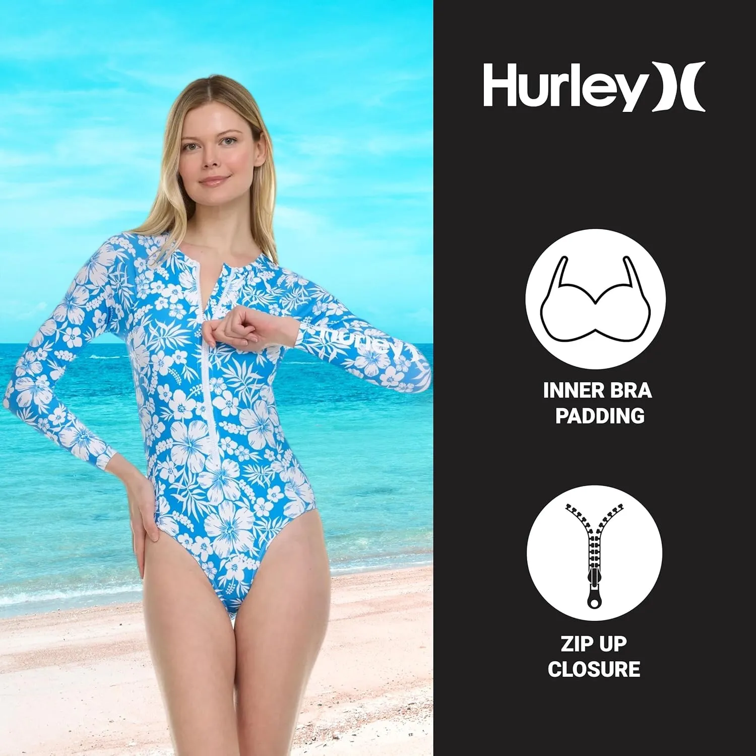 Hurley Long Sleeve Womens One Piece Swimsuits, Swimsuit for Women, Bathing Suit for Women, Swim Suit UPF 50  SPF UV Protected