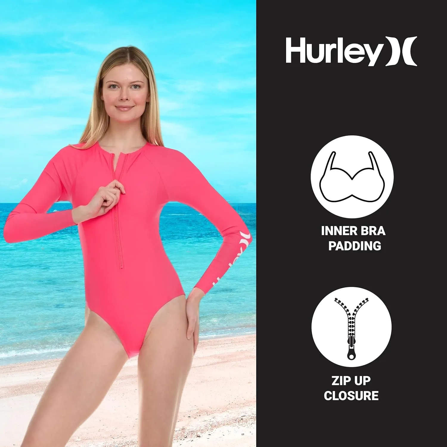 Hurley Long Sleeve Womens One Piece Swimsuits, Swimsuit for Women, Bathing Suit for Women, Swim Suit UPF 50  SPF UV Protected