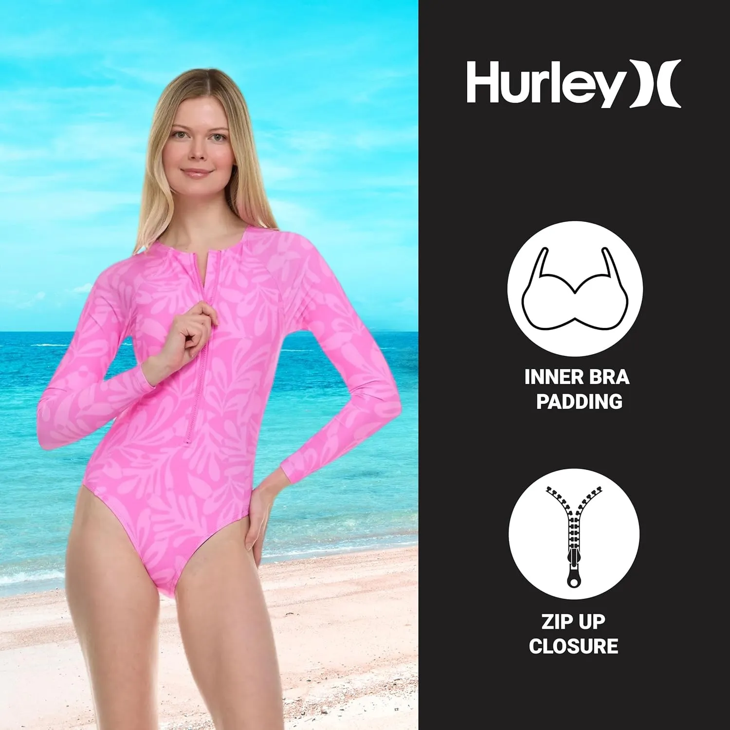 Hurley Long Sleeve Womens One Piece Swimsuits, Swimsuit for Women, Bathing Suit for Women, Swim Suit UPF 50  SPF UV Protected
