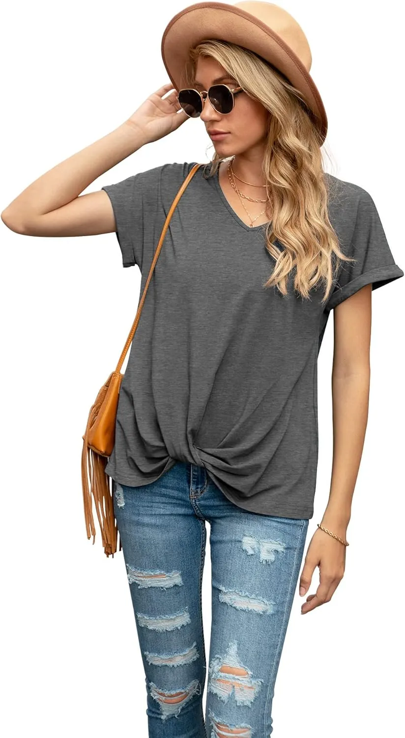 Iandroiy Women's Comfy Casual Summer Tops Short Sleeve V Neck Blouses T Shirts Twist Knot Tees