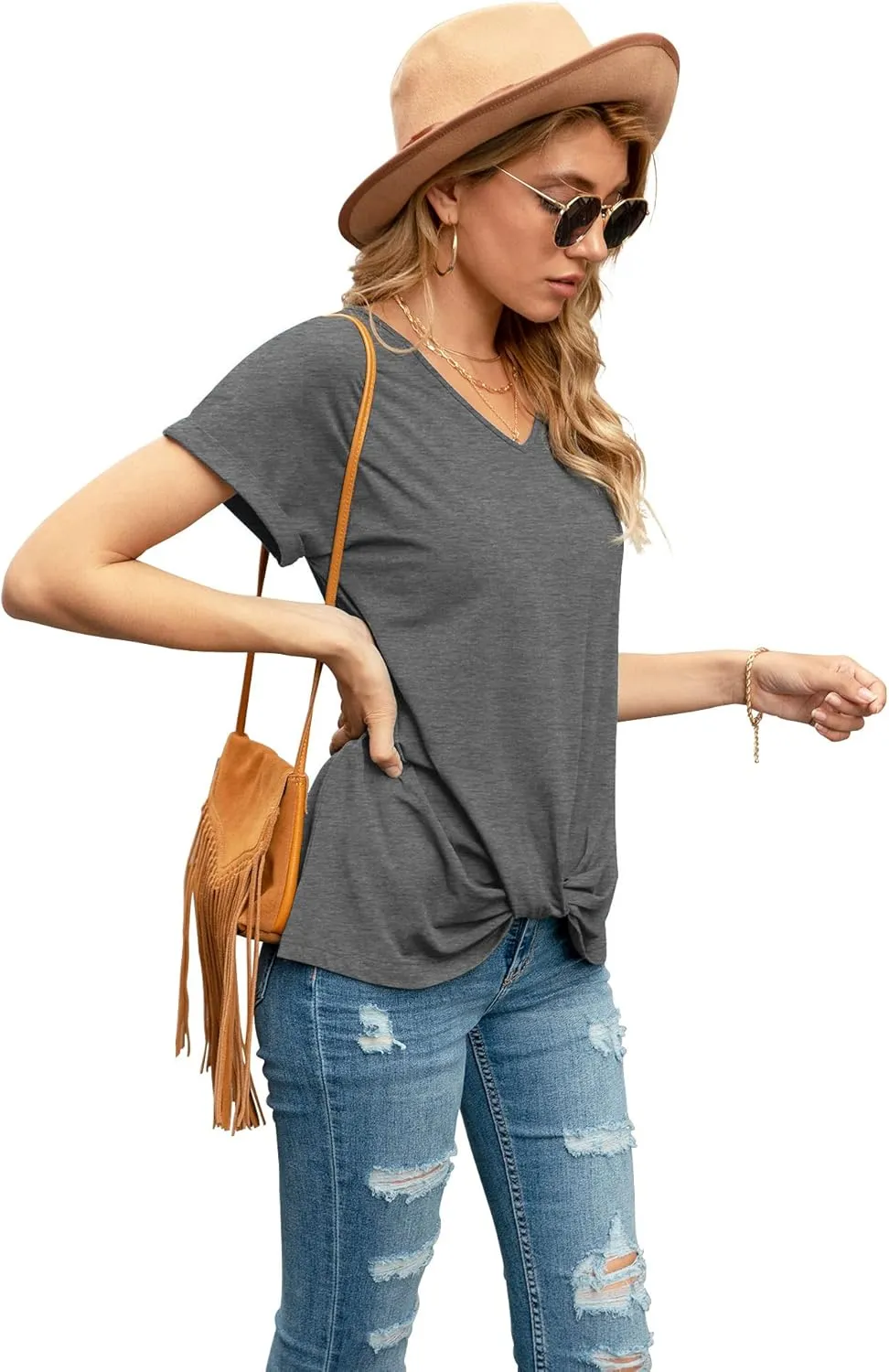 Iandroiy Women's Comfy Casual Summer Tops Short Sleeve V Neck Blouses T Shirts Twist Knot Tees