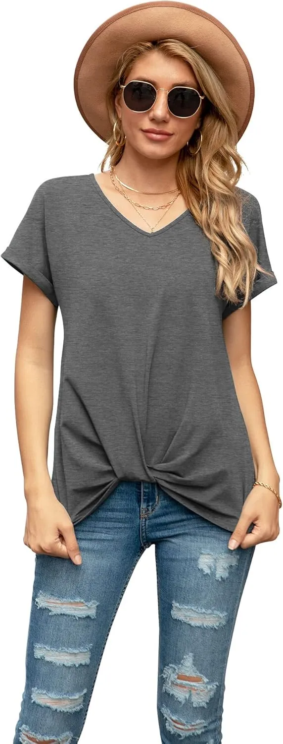 Iandroiy Women's Comfy Casual Summer Tops Short Sleeve V Neck Blouses T Shirts Twist Knot Tees