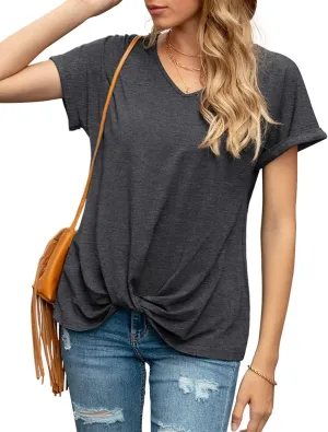Iandroiy Women's Comfy Casual Summer Tops Short Sleeve V Neck Blouses T Shirts Twist Knot Tees