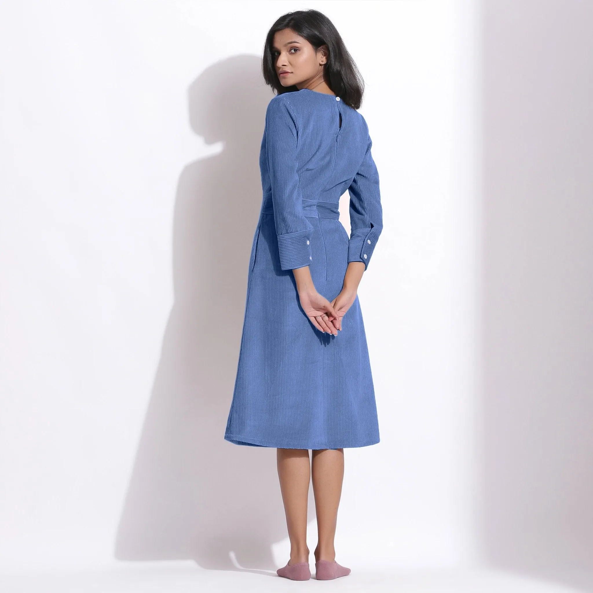 Ice Blue Warm Cotton Corduroy Knee Length Dress