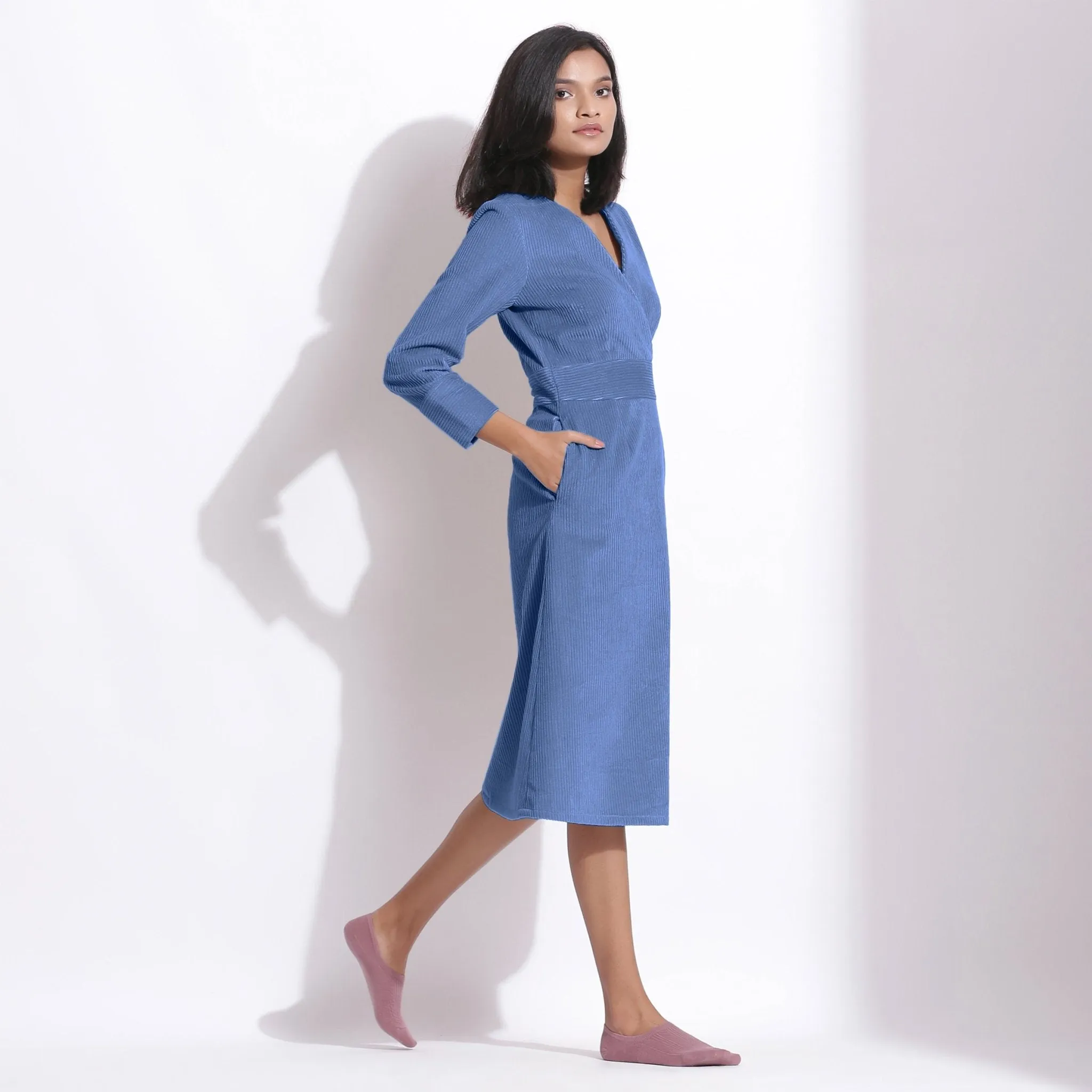 Ice Blue Warm Cotton Corduroy Knee Length Dress