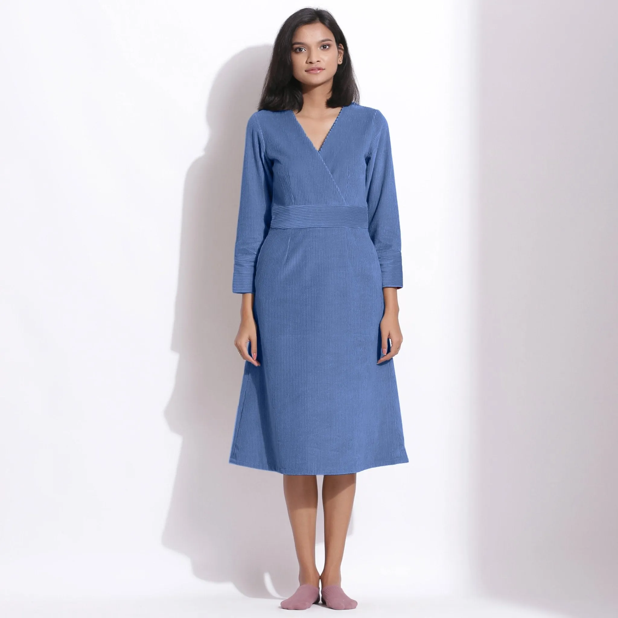Ice Blue Warm Cotton Corduroy Knee Length Dress