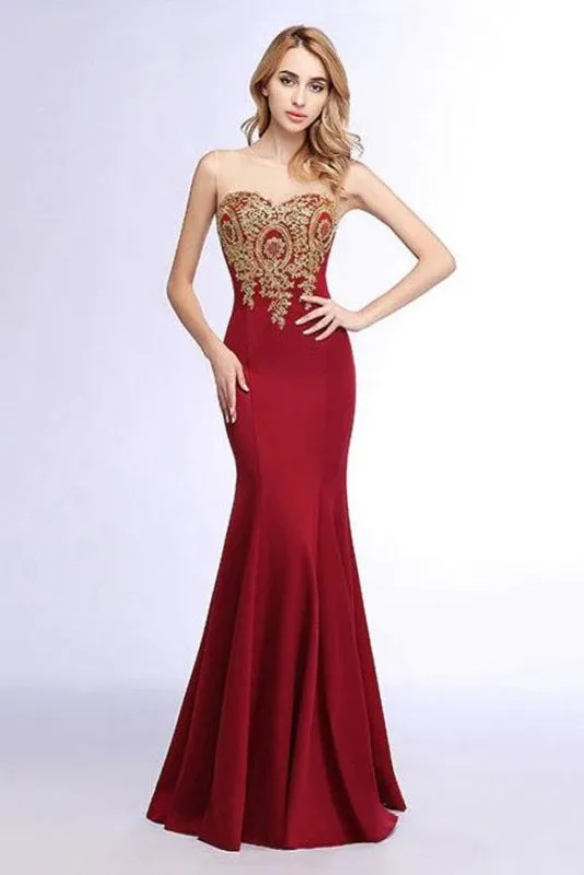 Illusion Backless Lace Mermaid Prom Dress Burgundy Long Evening Gowns