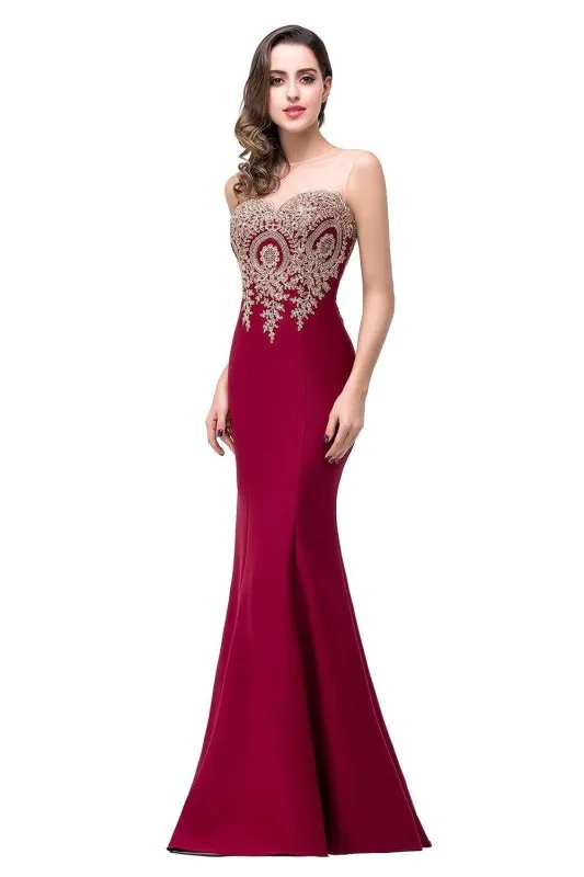 Illusion Backless Lace Mermaid Prom Dress Burgundy Long Evening Gowns