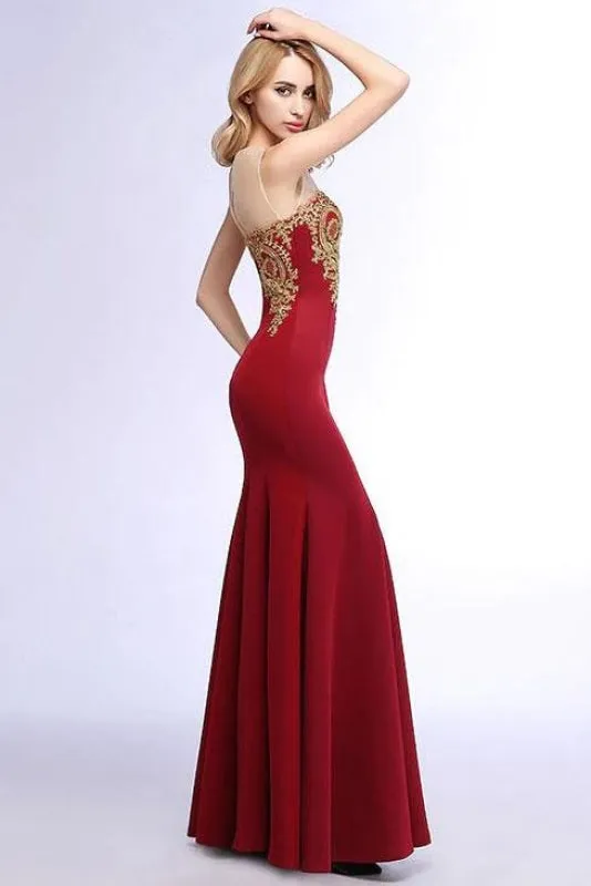 Illusion Backless Lace Mermaid Prom Dress Burgundy Long Evening Gowns