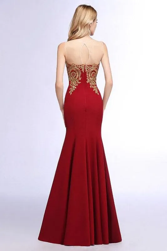 Illusion Backless Lace Mermaid Prom Dress Burgundy Long Evening Gowns