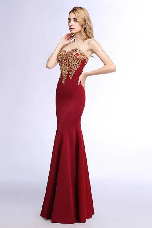 Illusion Backless Lace Mermaid Prom Dress Burgundy Long Evening Gowns