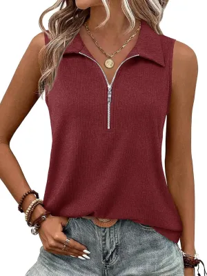 Imily Bela Women's Summer Sleeveless Tank Tops Zipper V Neck Ribbed Dressy Casual Blouses Loose Business Polo Shirts