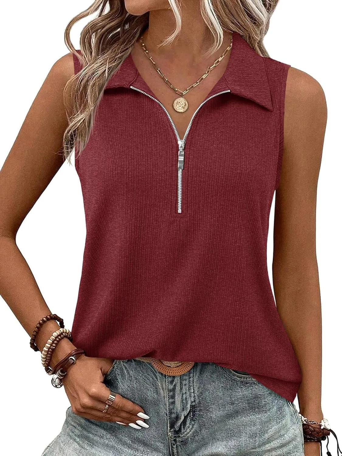 Imily Bela Women's Summer Sleeveless Tank Tops Zipper V Neck Ribbed Dressy Casual Blouses Loose Business Polo Shirts