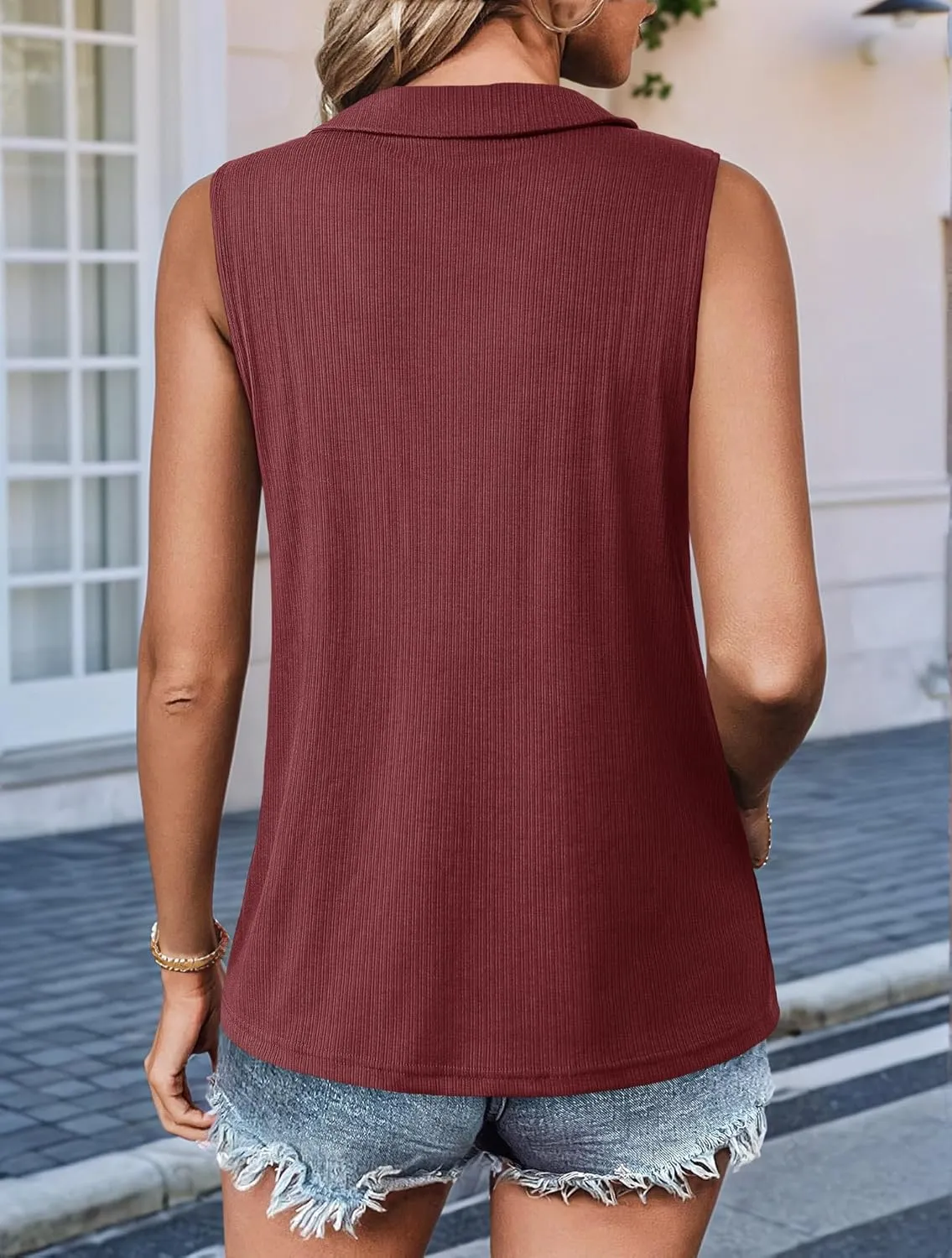Imily Bela Women's Summer Sleeveless Tank Tops Zipper V Neck Ribbed Dressy Casual Blouses Loose Business Polo Shirts